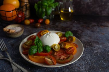 Renkli domatesler, taze fesleğen, zeytinyağı şişesi ve kırsal arka planda deniz tuzu kasesi ile çevrili burrata manzarası.