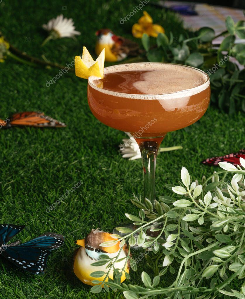 Artfully styled cocktail with a citrus garnish, surrounded by artificial birds, butterflies, and faux greenery.