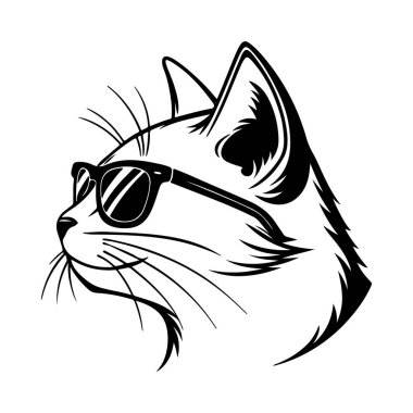 Gözlük takan şık siyah kedi yüzlü siluet moda hayvan sanatı, mal ve modern kedi çizimleri için birebir..