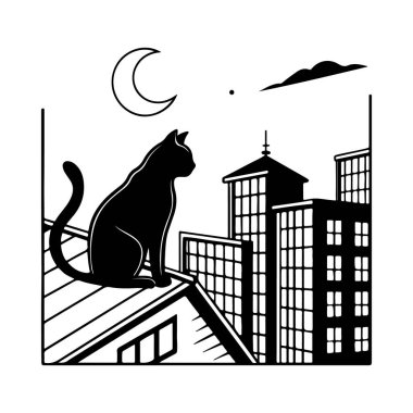 Geceleri çatıda oturan siyah kedi silueti Cadılar Bayramı teması, gece sahneleri ya da mistik sanat eserleri için mükemmeldir..