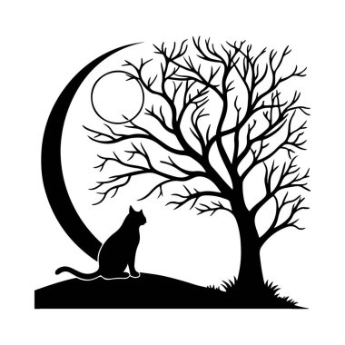 Dolunayın altında oturan kedi silueti mistik gece sahneleri, sakin posterler ya da temalı kırtasiye malzemeleri için mükemmel..