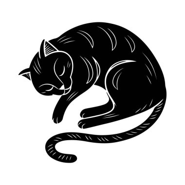 Kıvrılmış uyuyan kedi silueti vektörü, rahat tasarımlar, uyku zamanı temaları ve barışçıl hayvan çizimleri için ideal..