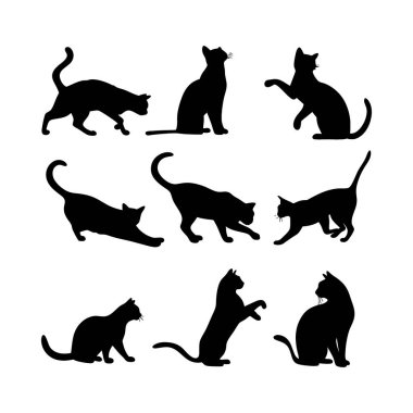 9 eşsiz kedi siluetinin yer aldığı poster düzeni dekoratif baskılar, posterler veya temalı sunumlar için birebir..
