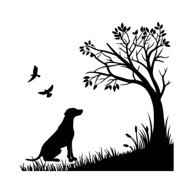 Silüet içinde uçan kuşların yanında duran köpek, huzurlu vahşi yaşamı ve birlikte yaşam temalarını yakalıyor.