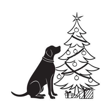 Süslü bir Noel ağacının yanındaki köpek silueti bayram hayvanı ya da tebrik kartı görselleri için mükemmel.