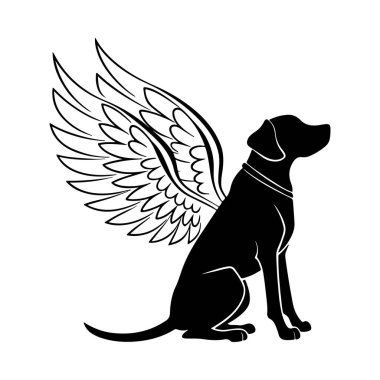 Melek kanatlarıyla oturan köpek silueti evcil hayvan tasarımları ya da manevi kavramlar için harikadır.