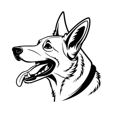 Neşeli evcil hayvan damgası ya da çizim için mükemmel gülümsemesi olan mutlu köpek yüzlü siluet.
