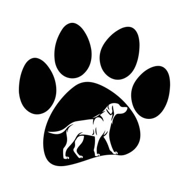 Büyük köpek pençesi baskı vektörü içinde köpek figürü logo simgesi veya evcil hayvan marka kimliği için harika