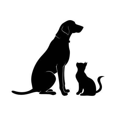 Eşleşen kedi ve köpek silueti yan yana rahatça oturuyor. Evcil hayvan birliği kavramları için mükemmel.