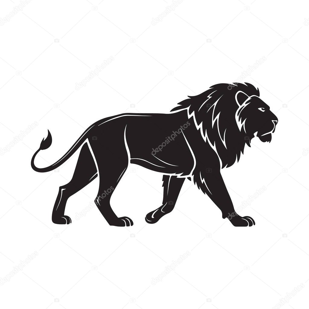 A graceful lion walking silhouette from the side view perfect for professional wildlife art and logo elements
