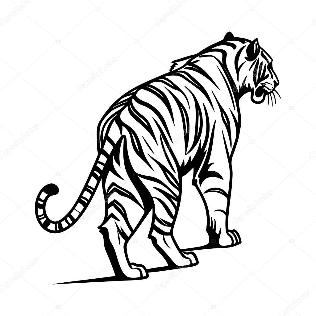 Tiger silhouette walking away from rear view great for retreating wildlife scenes safari illustrations and design