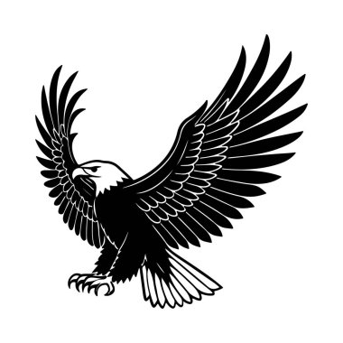 Kanatları geniş olan ön görüş kartalı güç temalı logo şablonları veya görkemli kuş grafikleri için ideal bir siluet.