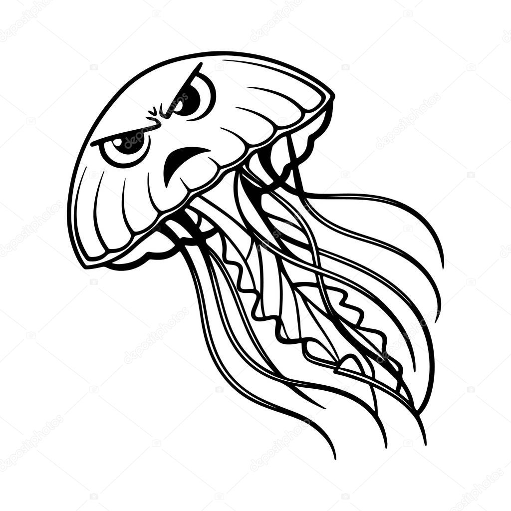 Bold jellyfish face silhouette showing an angry expression, ideal for expressive marine artwork, cartoon designs, and fantasy illustrations.