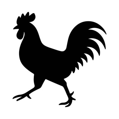 Sola bakan yürüyen horoz silueti kaldırılmış bacakla hareket halinde, düz siyah kenarlı, aksiyon kümes hayvanları sahneleri ve stok izleme sanatı için harika.