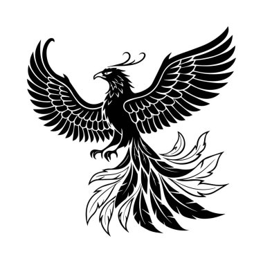 Geniş kanatları ve alev şeklinde kuyruğu olan siyah bir Anka Kuşu silueti, dövme kavramları, semboller ve mitoloji simgeleri için harika bir tasarım..