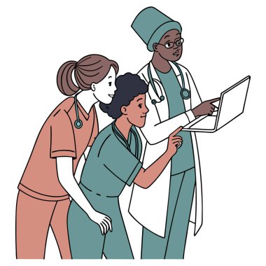 Muhtemel hemşireler ve bir doktor gibi çeşitli tıp uzmanlarından oluşan bir grubun laptoptaki verileri inceleyen ve işbirliği yapan iç açıcı bir çizimi..