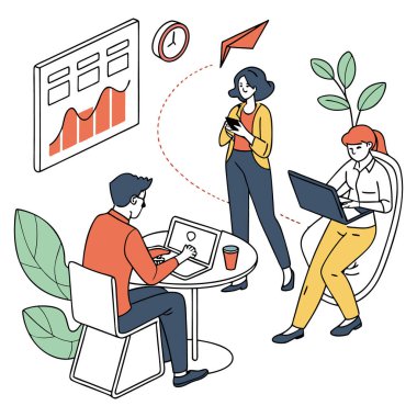 Çağdaş bir ofis ortamında etkileşime giren üç meslektaşın canlı bir çizimi.