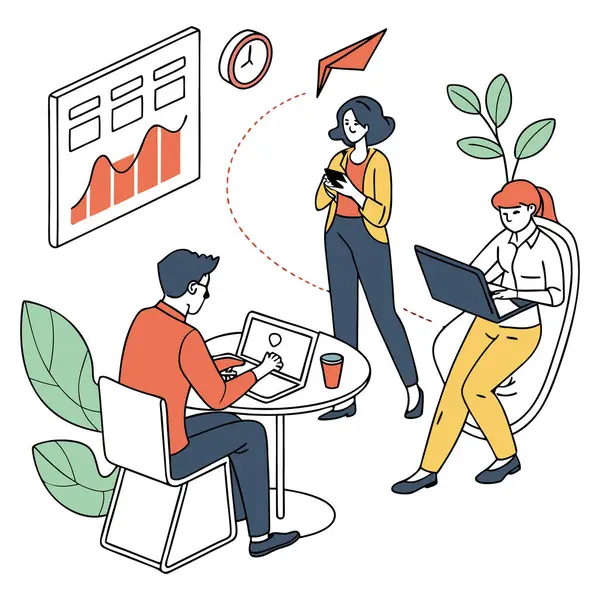 Çağdaş bir ofis ortamında etkileşime giren üç meslektaşın canlı bir çizimi.