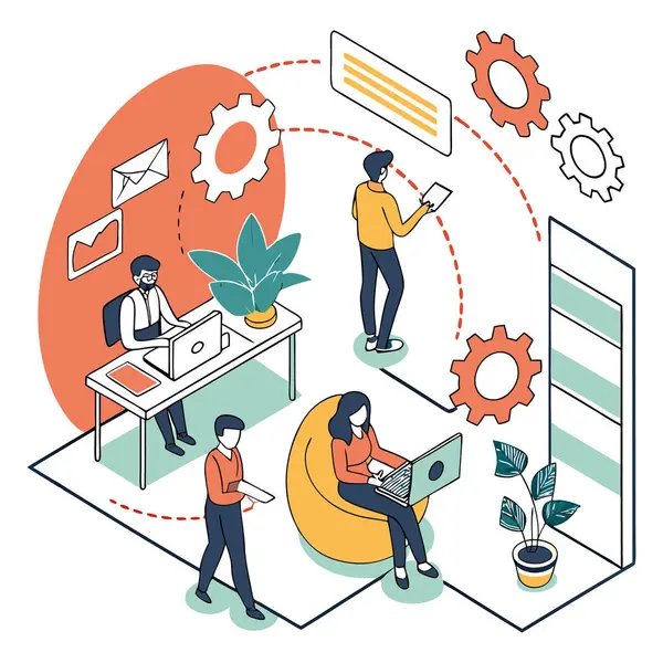 Çeşitli işlerle uğraşan farklı çalışanlarla modern ofis ortamını gösteren izometrik bir illüstrasyon.