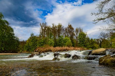 Sükunet Nehir Yabanın Ortasında Akıyor. Huzurlu bir nehir gür ormanların arasında kıvrılır, kayaların üzerinden çağlayarak bulutlu ve bulutlu bir gökyüzünün altında yumuşak akıntılara doğru akar.