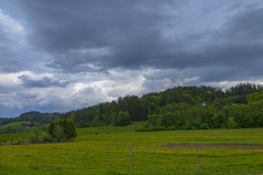 Fırtına Bulutları Forested Hills 'in yukarısında toplanıyor. Canlı yeşil alanlar ve yukarıda beliren uğursuz kara bulutlar arasındaki zıtlık doğanın güzelliğini ve gücünü vurguluyor..