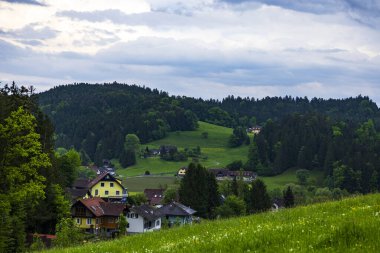 Bereketli yeşil tepelere yuva yapmış sakin bir köy, bulutlu bir gökyüzünün altında renkli evler ve sık ormanlar barındırıyor. Manzara, doğa meraklıları için mükemmel bir sükunet ve doğal güzellik yayar.