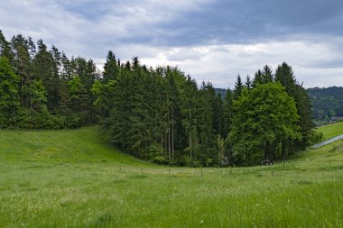 Bu huzurlu kırsal alan yemyeşil, küçük bir köy ve yuvarlanan tepelere sahiptir. Dağınık evler, yumuşak ve bulutlu bir gökyüzünün altında, etrafındaki doğal güzelliklerle kusursuz bir şekilde harmanlanır..