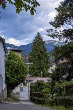 Mountain View ile Manzaralı Manzaralı Köy Yolu. Bereketli yeşillik ve dağ zeminli sakin bir köy yolu.