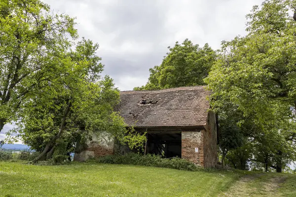 Fazla gelişmiş kırsal bölgedeki terk edilmiş köy ahırı. Yeşillik ve ağaçlarla çevrili harap olmuş eski bir ahır.