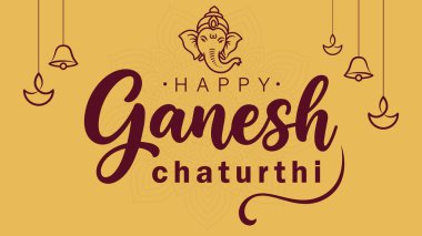 Ganesh Chaturthi Vektörü Ganesha Icon, Bells ve Diyas 'la Mutlu Yıllar