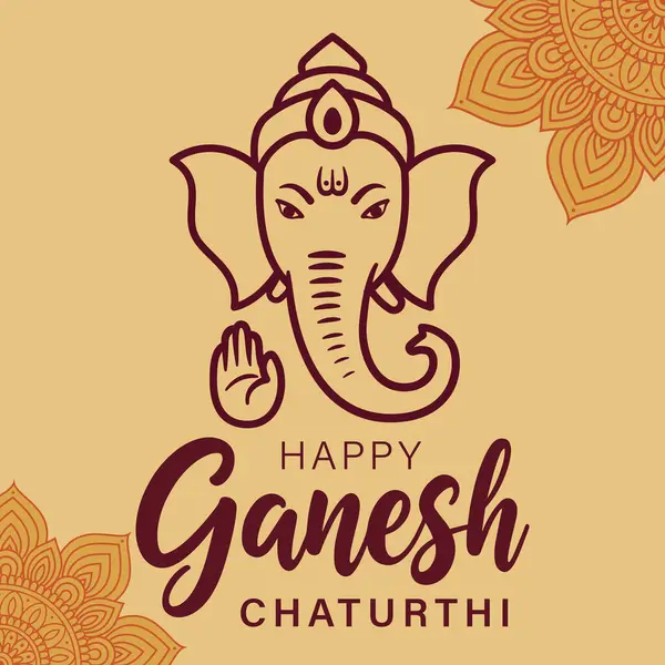 Ganesh Chaturthi Vektörü, Ganesha Taslak ve Mandala Aksanlı Mutlu Yıllar