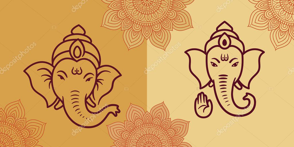 Outline Ganesha Head Icons with Mandala Background - Ganesh Chaturthi Vector