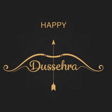 Kara Arkaplan Vektörü İnce Mandala ile Mutlu Dussehra Altın Yay ve Ok