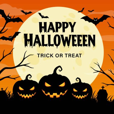 Ürkütücü Balkabakları, Yarasalar ve Dolunaylı Mutlu Cadılar Bayramı Gecesi Vektörü