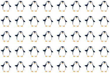 Temiz beyaz bir arkaplanda sevimli çizgi film tarzı penguenler barındıran hoş ve sade bir vektör deseni. Kış temalı tasarımlar, çocuk ürünleri, tatil baskıları ve eğlenceli dekorlar için mükemmel..