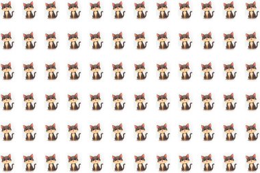 Temiz beyaz arka planda çizgi film tarzı kedilerin olduğu eğlenceli ve minimal bir vektör deseni. Çocuk ürünleri, evcil hayvan temalı tasarımlar, kırtasiye malzemeleri ve oyuncu dijital projeler için ideal.