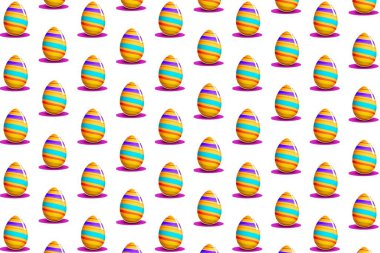 Karikatür tarzı Paskalya yumurtalarını içeren basit ve şenlikli, pürüzsüz bir vektör deseni. Temiz beyaz arka planda karmaşık detaylar var. Paskalya temalı ürünler, çocuk tasarımları, hediye paketleri ve tatil dekorasyonu için mükemmel..