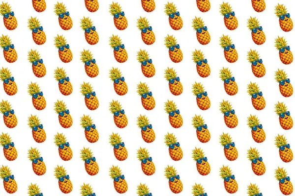 Temiz beyaz bir arkaplanda güneş gözlüğü takan karikatür tarzı ananaslar içeren eğlenceli ve hareketsiz bir vektör deseni. Yaz temalı tasarımlar, tropikal dekorlar, çocuk ürünleri ve eğlenceli baskılar için mükemmel..