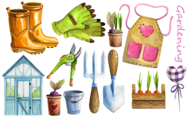 Bahçe aletleri koleksiyonu, bahçe ve tarım ekipmanlarının suluboya karalama ikonları, bahçe aletleri seti, beyaz arkaplanda izole renk kliması