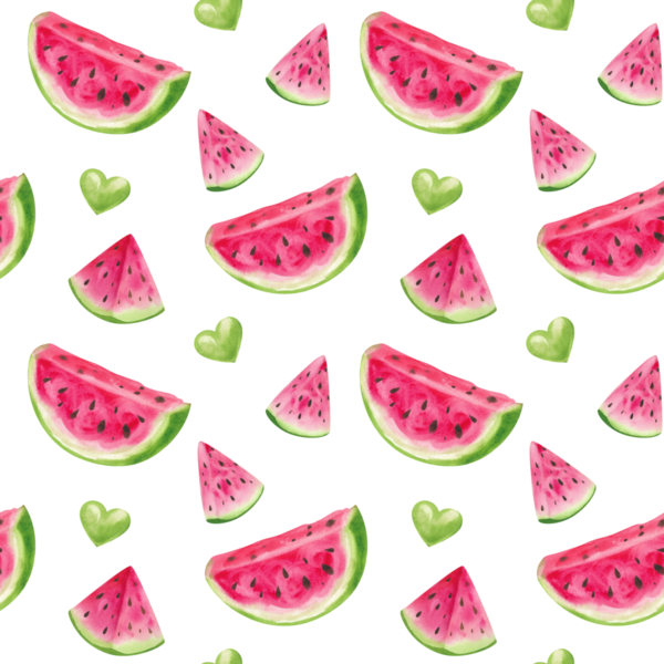 Suluboya çizim seti, karpuz, yapraklar, kusursuz desen. El yapımı karpuz parçaları ve dilimler, dizayn için ahşap şiş, kartpostal, menü, tekstil