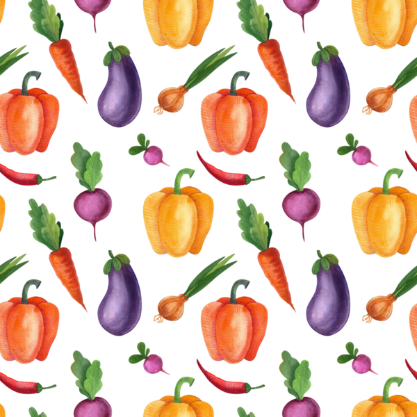 Sebzeli kusursuz suluboya deseni. Çizim biberi, patlıcan, domates, havuç, el yapımı. Vitaminli vejetaryen diyet yemekleri, lezzetli yemekler ve sağlıklı yemekler pişirmek için..