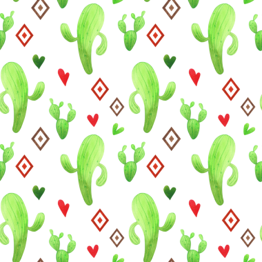 Tatlı karikatür kaktüslü, gitarlı ve marakaslı suluboya desenli. Çocuk çizimi ve tasarımı için sombrero 'da elle boyanmış yeşil bitkiler..