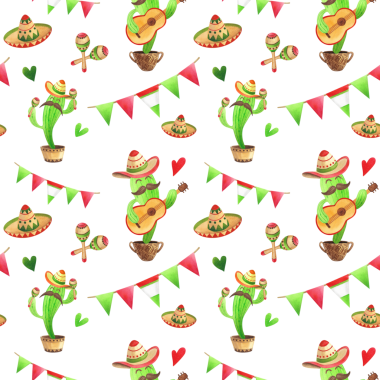 Tatlı karikatür kaktüslü, gitarlı ve marakaslı suluboya desenli. Çocuk çizimi ve tasarımı için sombrero 'da elle boyanmış yeşil bitkiler..