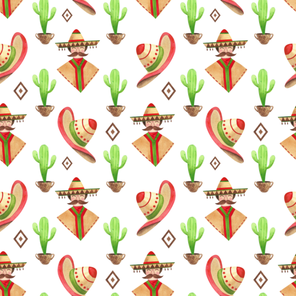 Tatlı karikatür kaktüslü, gitarlı ve marakaslı suluboya desenli. Çocuk çizimi ve tasarımı için sombrero 'da elle boyanmış yeşil bitkiler..