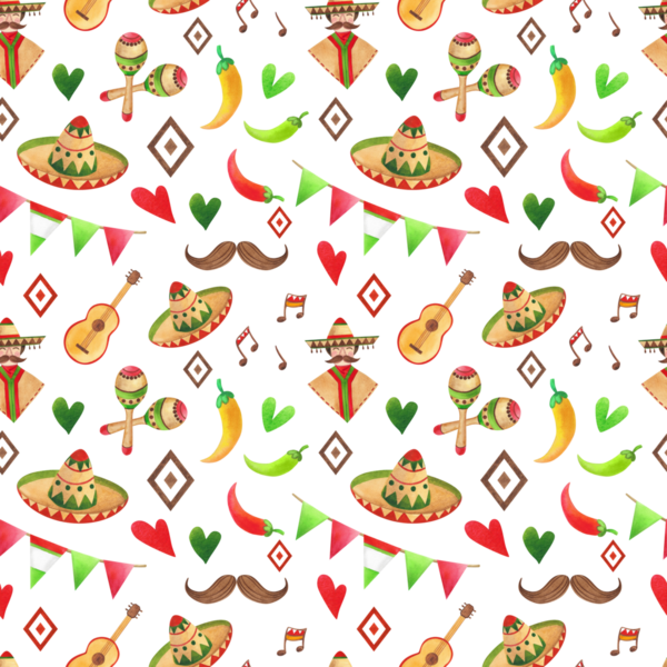 Tatlı karikatür kaktüslü, gitarlı ve marakaslı suluboya desenli. Çocuk çizimi ve tasarımı için sombrero 'da elle boyanmış yeşil bitkiler..