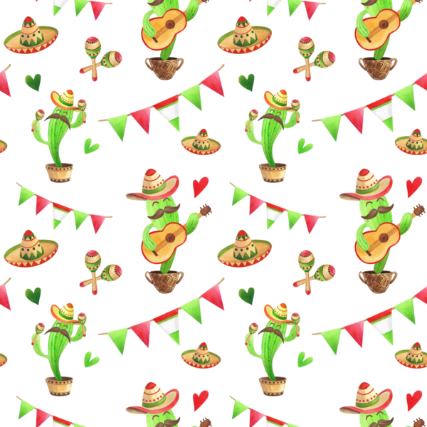 Tatlı karikatür kaktüslü, gitarlı ve marakaslı suluboya desenli. Çocuk çizimi ve tasarımı için sombrero 'da elle boyanmış yeşil bitkiler..