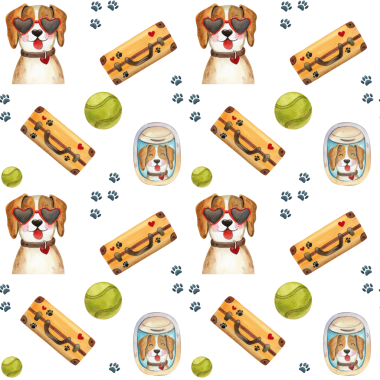 Tatlı çizgi filmlerdeki köpeklerle suluboya kusursuz desen. Evcil hayvanla oynamak için aksesuarlar. Çocukların tasarımı ve çizimi için el boyaması hayvanlar..