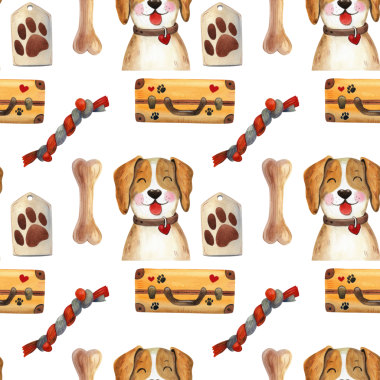 Tatlı çizgi filmlerdeki köpeklerle suluboya kusursuz desen. Evcil hayvanla oynamak için aksesuarlar. Çocukların tasarımı ve çizimi için el boyaması hayvanlar..