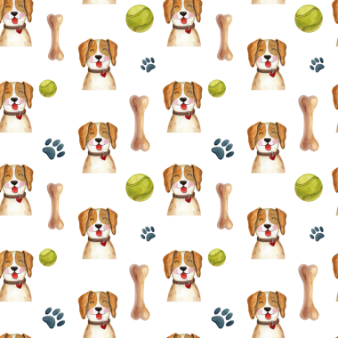 Tatlı çizgi filmlerdeki köpeklerle suluboya kusursuz desen. Evcil hayvanla oynamak için aksesuarlar. Çocukların tasarımı ve çizimi için el boyaması hayvanlar..