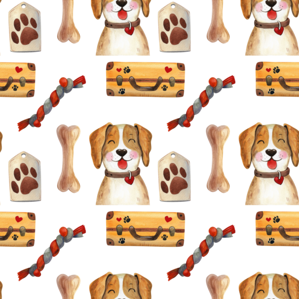 Tatlı çizgi filmlerdeki köpeklerle suluboya kusursuz desen. Evcil hayvanla oynamak için aksesuarlar. Çocukların tasarımı ve çizimi için el boyaması hayvanlar..